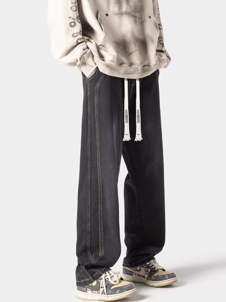Ngộ Không có sẵn quần jean nam ống thẳng dày, lót lông cừu, kiểu Mỹ, thời trang, quần mùa đông rộng rãi, kiểu dáng cổ điển.