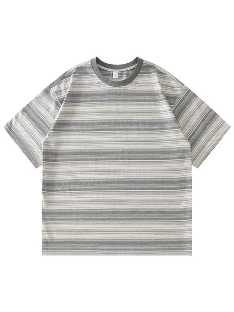 Wukong có sẵn áo thun ngắn tay sọc giản dị bằng cotton nguyên chất kiểu Nhật dành cho nam, áo thun ngắn tay cổ tròn dáng rộng đơn giản đa năng mùa hè.