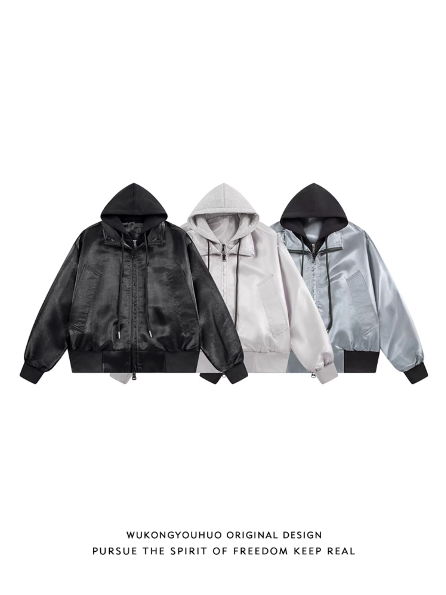 Áo khoác nam phong cách hip-hop Âu Mỹ, chất liệu bóng, màu trơn, kiểu dáng thời trang, có mũ, giả hai lớp, thương hiệu Wukong đang có hàng.