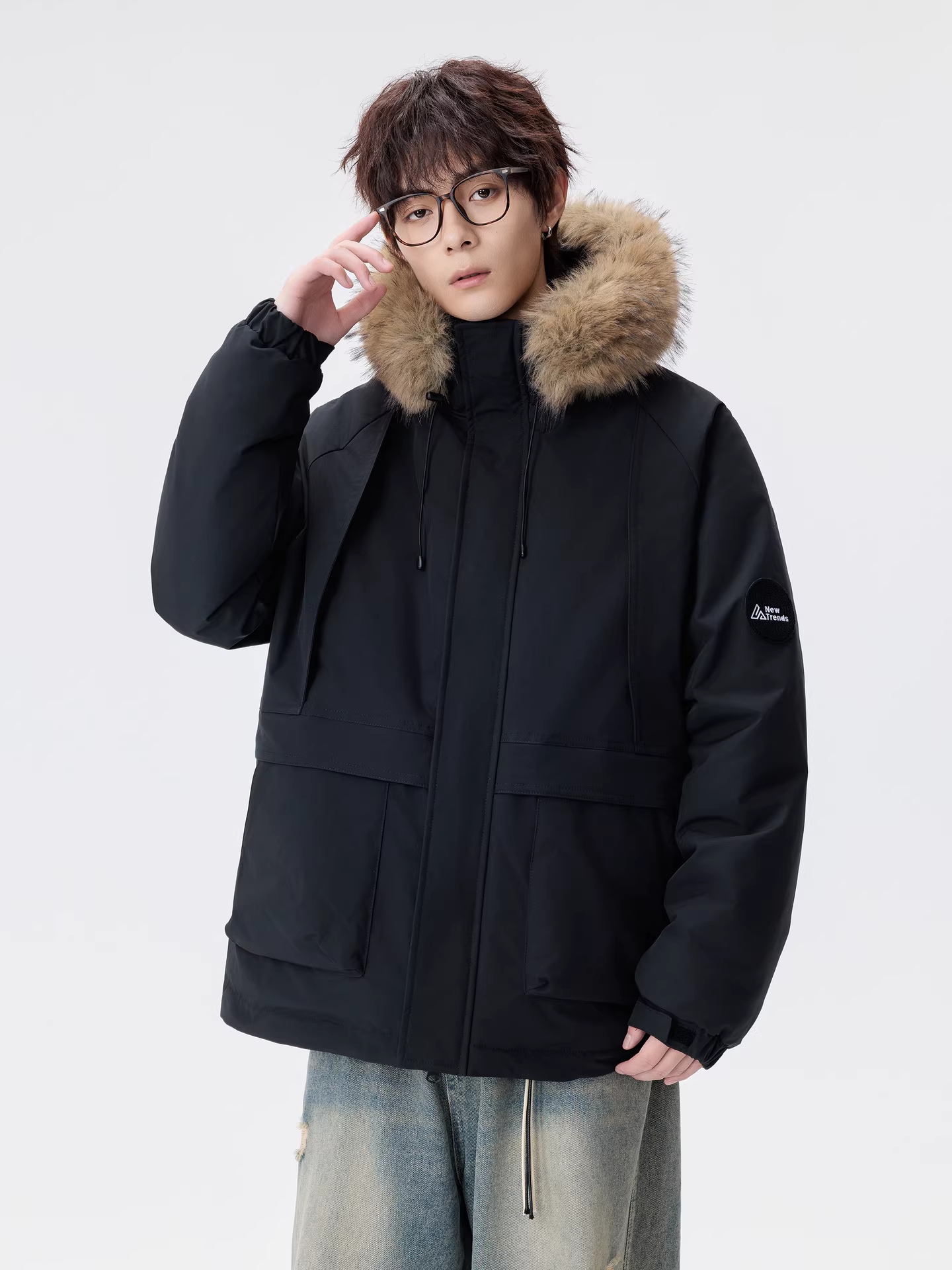 Áo khoác parka mùa đông thời trang có mũ trùm đầu và cổ lông thú của Wukong dành cho nam, kiểu dáng retro rộng rãi, áo khoác cotton đa năng ấm áp dành cho cặp đôi.