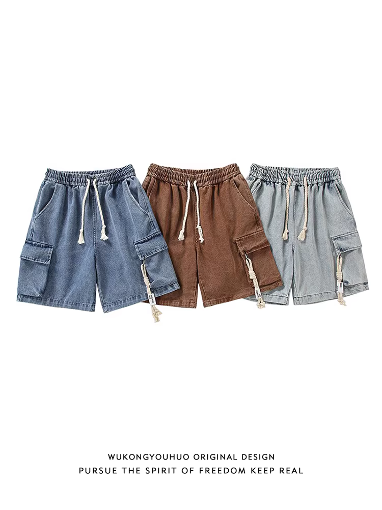 Wukong có sẵn quần short denim kiểu dáng thời trang mùa hè, phong cách làm cũ, dành cho nam, kiểu dáng vintage, rộng rãi, đa năng, dài đến đầu gối.