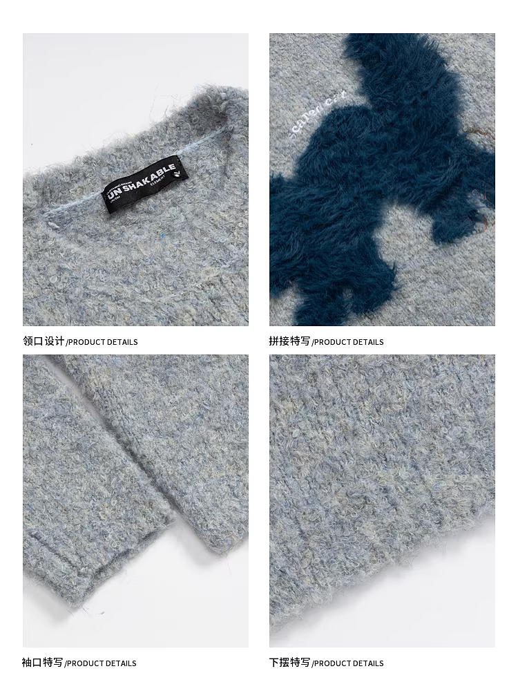 Wukong có sẵn áo len dệt kim cổ tròn họa tiết mèo con phong cách retro Mỹ dành cho nam, thương hiệu thời thượng, áo len chui đầu cặp đôi phong cách giản dị.