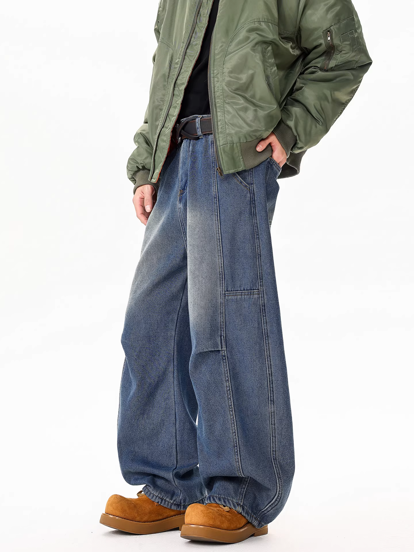 Wukong có sẵn quần jeans nam kiểu Mỹ cổ điển, thiết kế ghép mảnh, giặt mài, dáng rộng, đa năng.