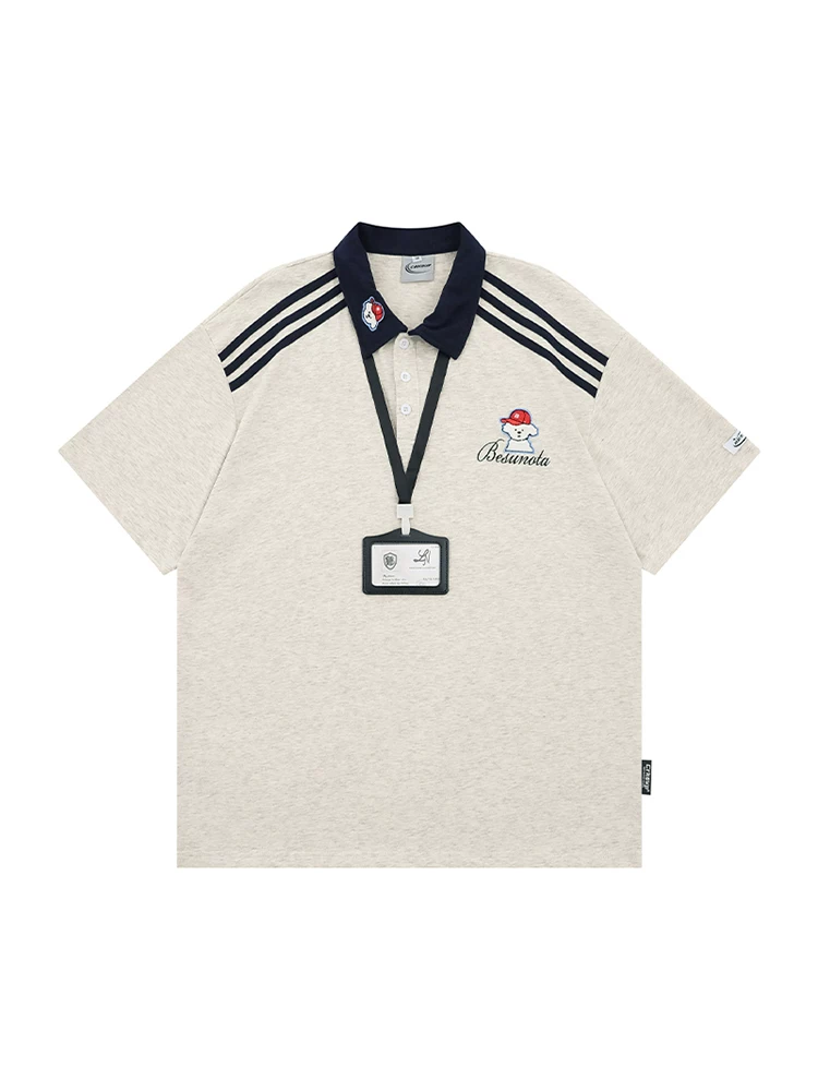 Wukong có sẵn áo sơ mi POLO ngắn tay phối màu theo phong cách retro Mỹ dành cho nam và nữ, thương hiệu thời thượng, phong cách đại học, áo thun đa năng dành cho cặp đôi.