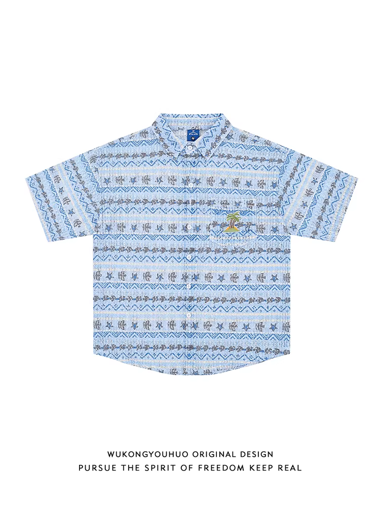 Wukong có sẵn áo sơ mi ngắn tay mùa hè phong cách thường ngày in hình cây dừa bãi biển dành cho nam và nữ, áo chống nắng Hawaii thoáng khí, kiểu rỗng.