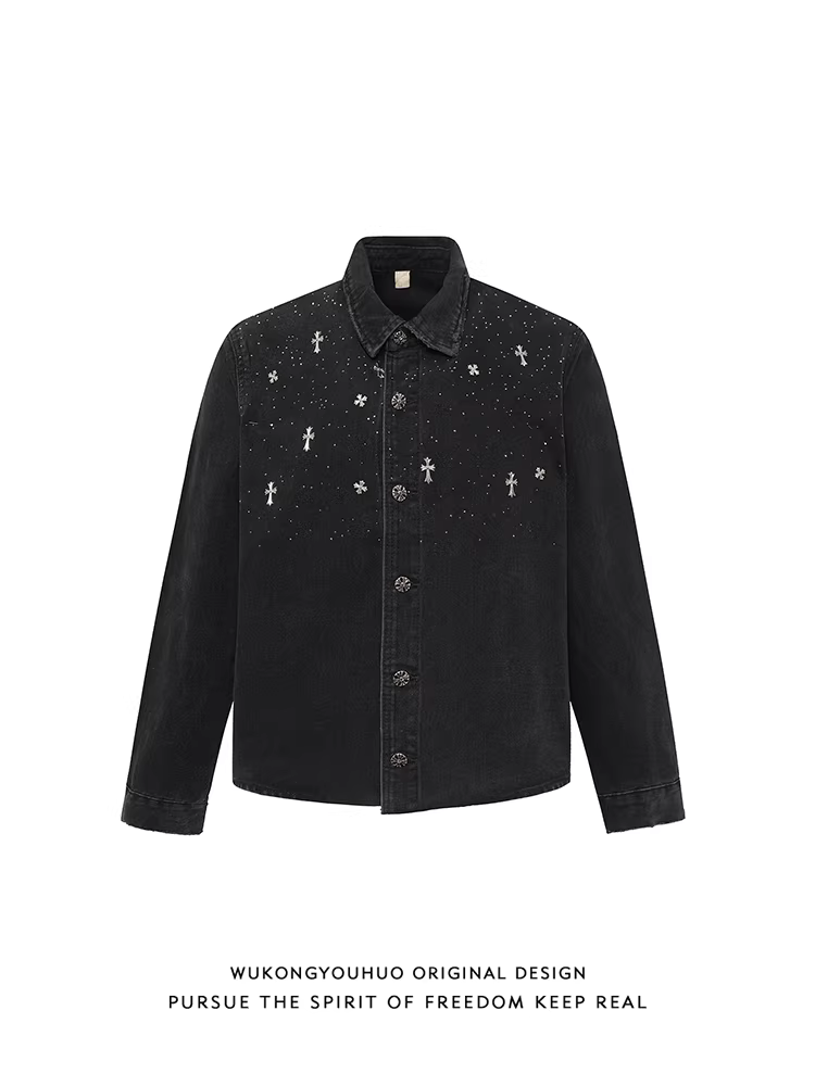 Wukong có sẵn áo khoác denim phong cách đường phố Mỹ, trang trí kim loại, đã qua xử lý làm mềm, dành cho nam và nữ, kiểu dáng vintage, rộng rãi, hợp thời trang, độc đáo.