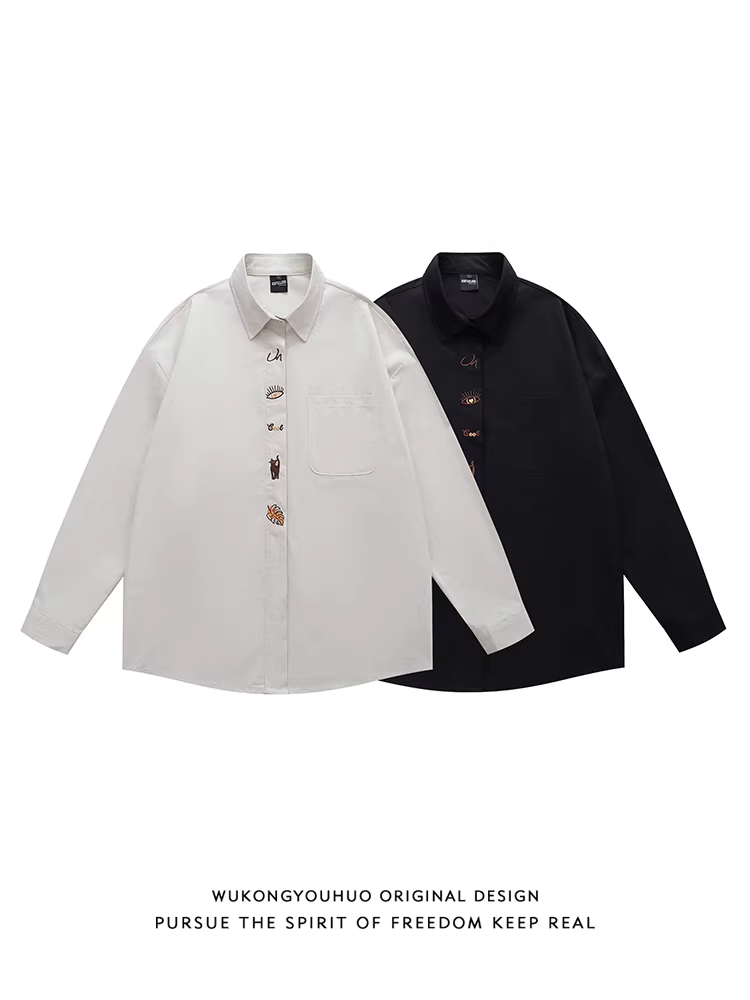 Wukong có sẵn áo sơ mi dài tay thêu họa tiết phong cách Nhật Bản thời thượng dành cho nam và nữ, áo kiểu dáng rộng rãi, phong cách độc đáo mùa thu năm 2025.