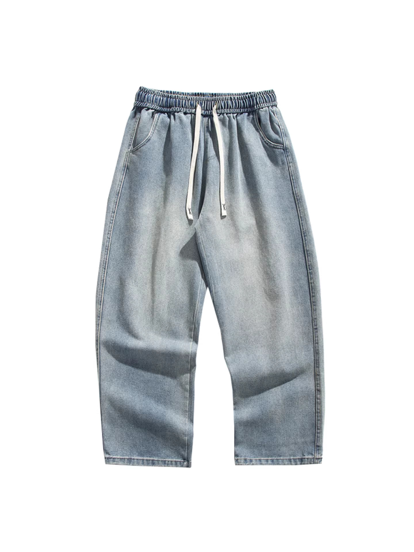 Wukong có sẵn quần jean nam kiểu Mỹ cổ điển, cạp chun, dây rút, chất liệu washed, kiểu dáng thời thượng, rộng rãi, đa năng, ống thẳng, phong cách thường ngày.