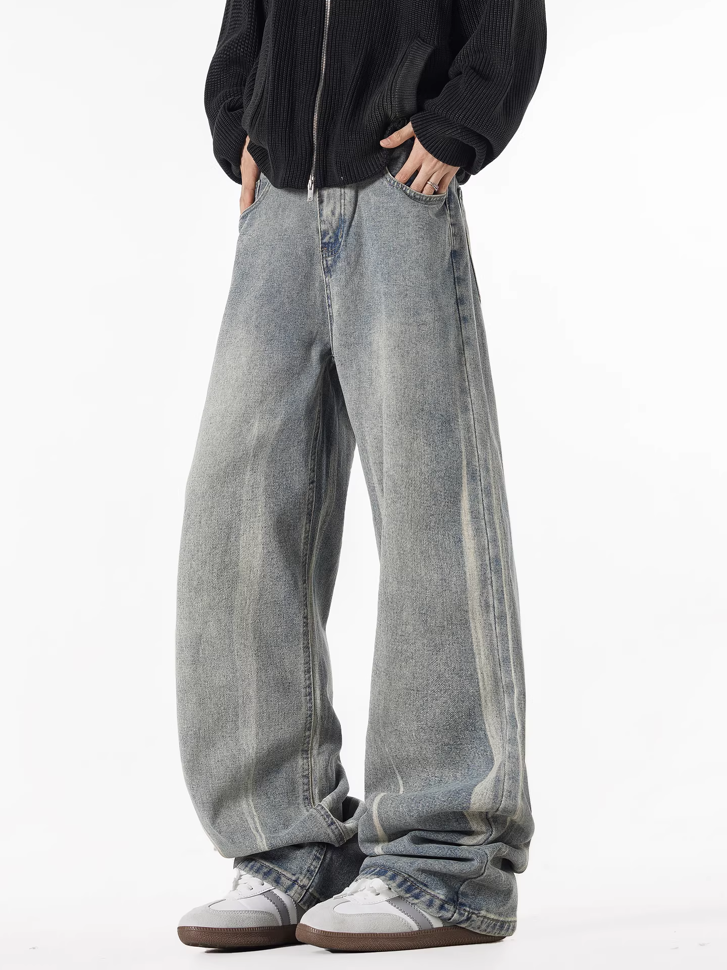 Ngộ Không có sẵn quần jean nam ống thẳng kiểu Mỹ, phong cách thời thượng, đã qua xử lý làm cũ, quần dài rộng ống, phong cách đường phố, đa năng.