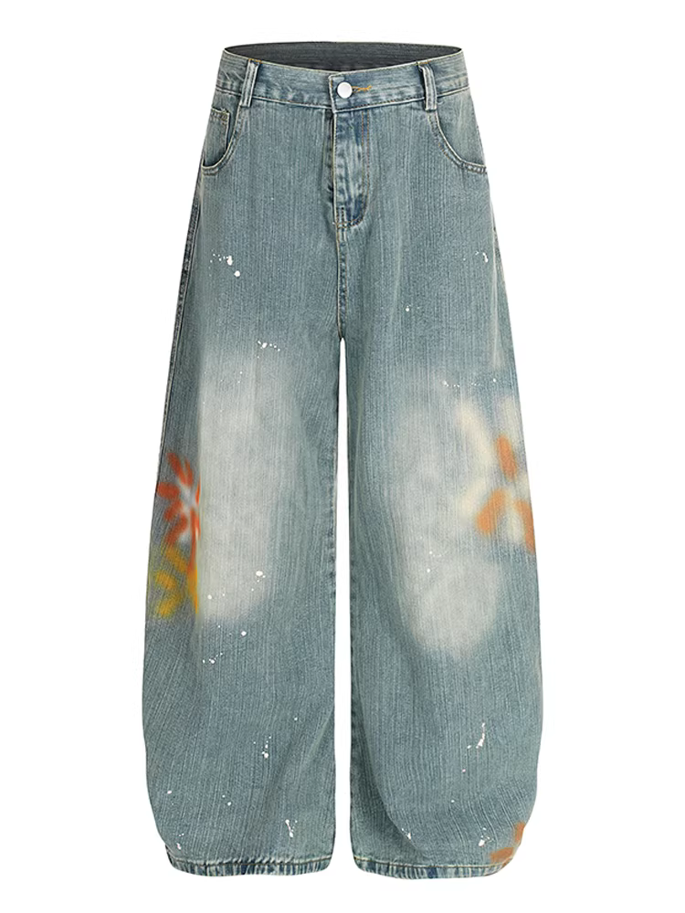 Wukong có sẵn quần jean kiểu Mỹ thời thượng họa tiết tre, kiểu dáng vintage, rộng rãi, đa năng, ống rộng dành cho nam và nữ.