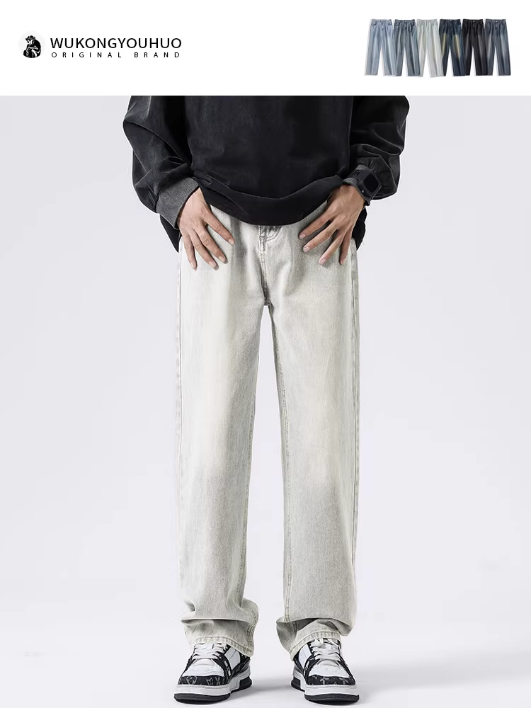 Ngộ Không có sẵn quần jean nam kiểu Mỹ cổ điển, dáng thẳng, xước nhẹ, phong cách đường phố, rộng rãi, hợp thời trang, đa năng.