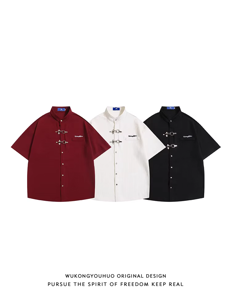Wukong có sẵn áo sơ mi ngắn tay khóa kim loại phong cách retro Mỹ dành cho nam và nữ, thương hiệu thời thượng mang cảm giác cao cấp, áo cặp giản dị.