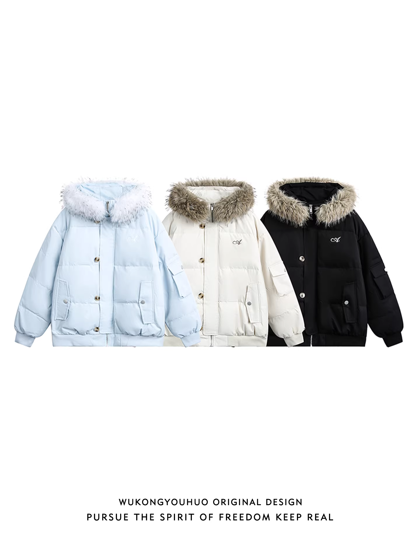 Wukong có sẵn áo khoác phao có mũ trùm đầu và cổ lông thời trang mùa đông dành cho nam, phong cách retro dành cho cặp đôi, ấm áp, 90% lông vịt trắng, chống lạnh.