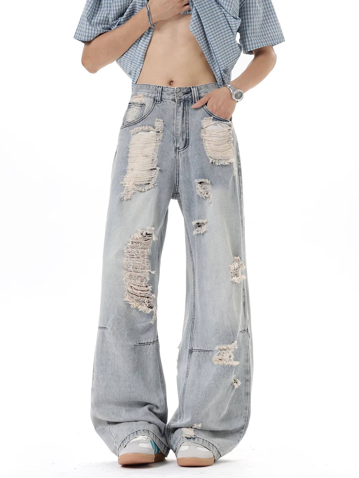 Ngộ Không có sẵn quần jean nam ống thẳng rách kiểu Mỹ thời thượng, quần ống rộng đa năng phong cách đường phố.