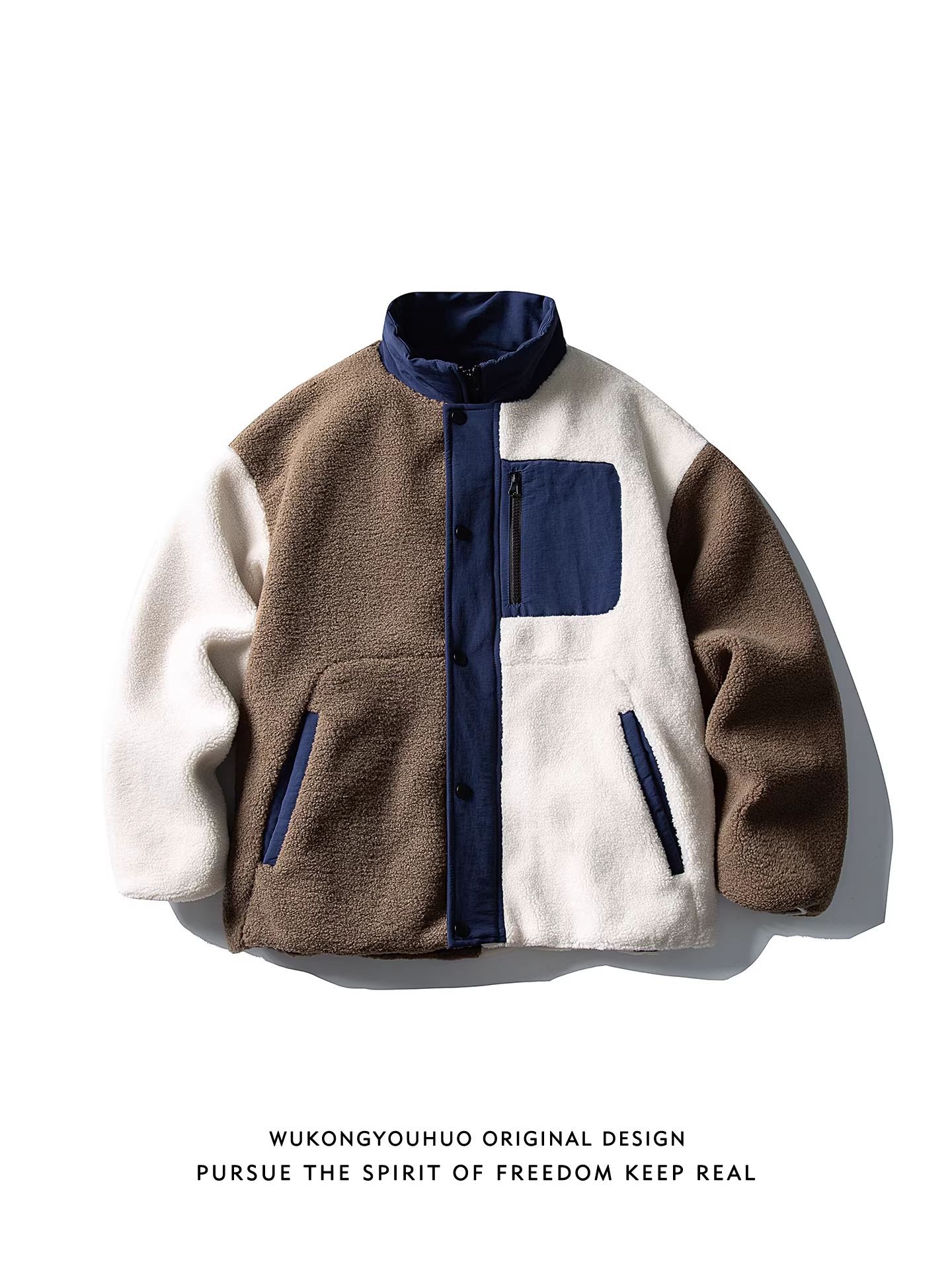 Áo khoác cotton cổ đứng phối màu thời thượng mùa đông của Wukong dành cho nam, phong cách cổ điển dành cho cặp đôi, dáng rộng và đa năng.