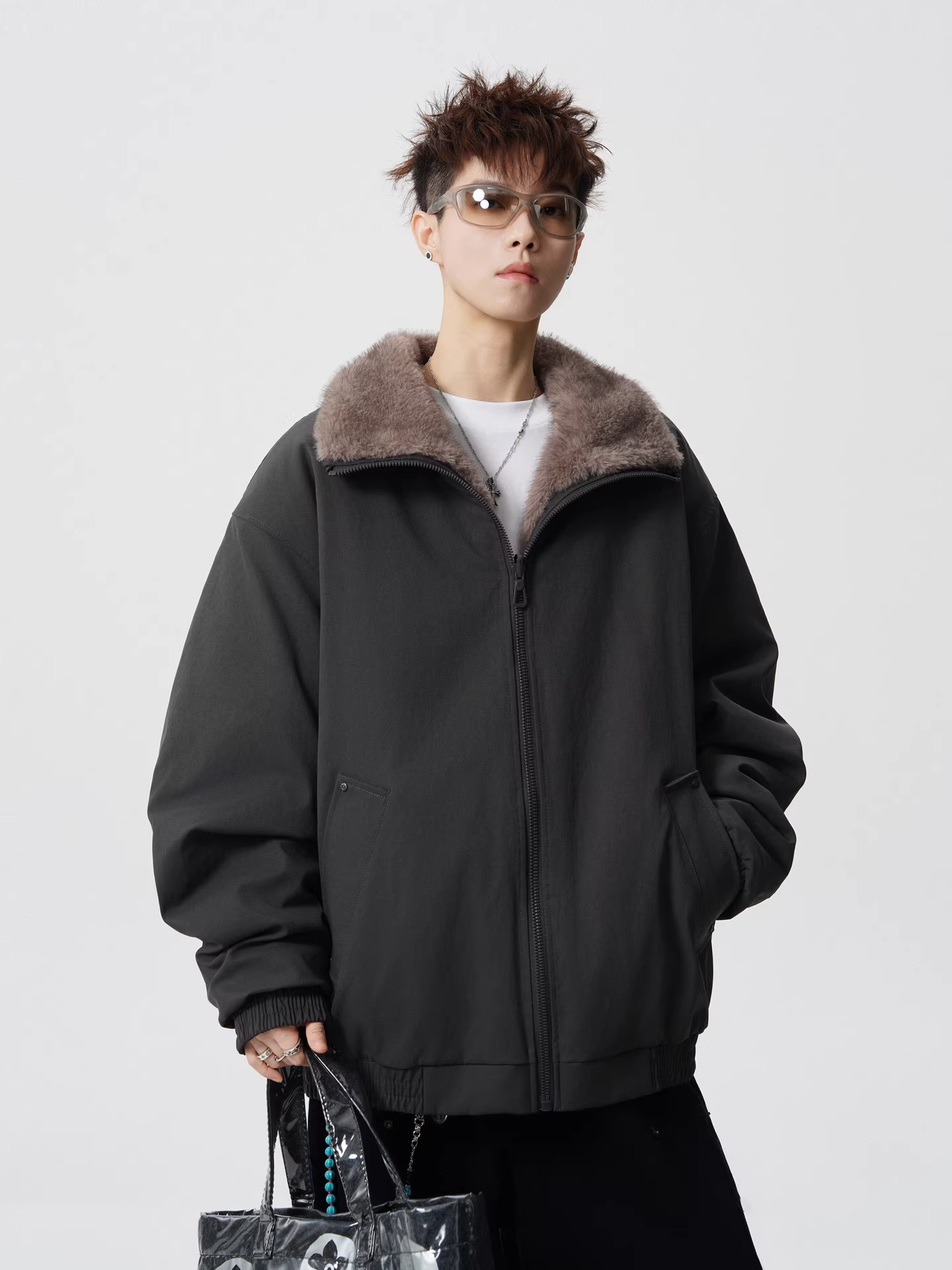 Áo khoác cotton cổ đứng lông thỏ giả hai mặt thời trang mùa đông của Wukong dành cho nam và nữ, kiểu dáng rộng theo phong cách Mỹ, ấm áp và đa năng.