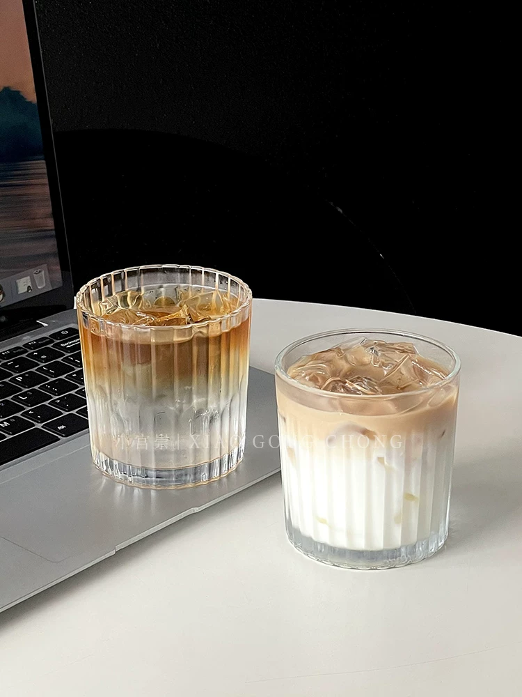 cốc cà phê đá latte kiểu Mỹ cổ điển phong cách ins cốc thủy tinh sọc cốc uống nước lạnh cốc nước trái cây cốc rượu whisky