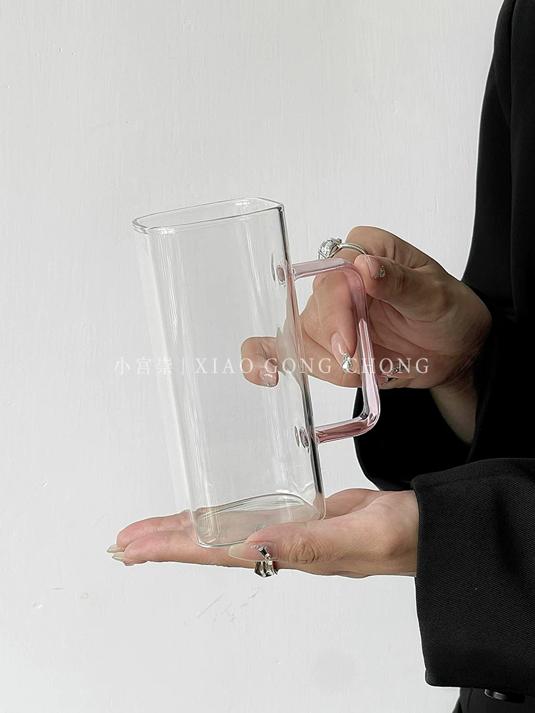 Ly thủy tinh vuông kiểu Instagram có quai cầm, dùng trong nhà, chất liệu thủy tinh borosilicate cao cấp chịu nhiệt, ly ăn sáng, ly sữa, ly cà phê.