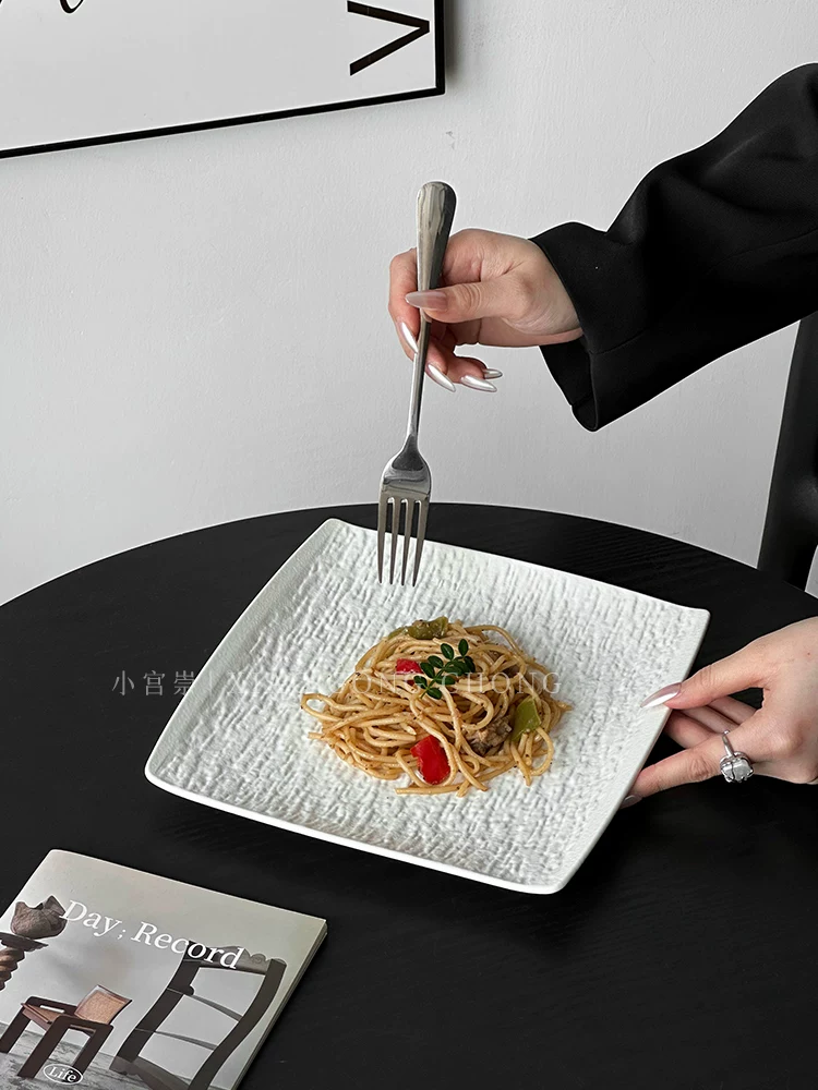 Đĩa ăn bằng gốm sứ, đĩa vuông kiểu phương Tây sang trọng cao cấp, đĩa đựng mì ống, đồ dùng gia đình, đĩa đựng món ăn nhà hàng