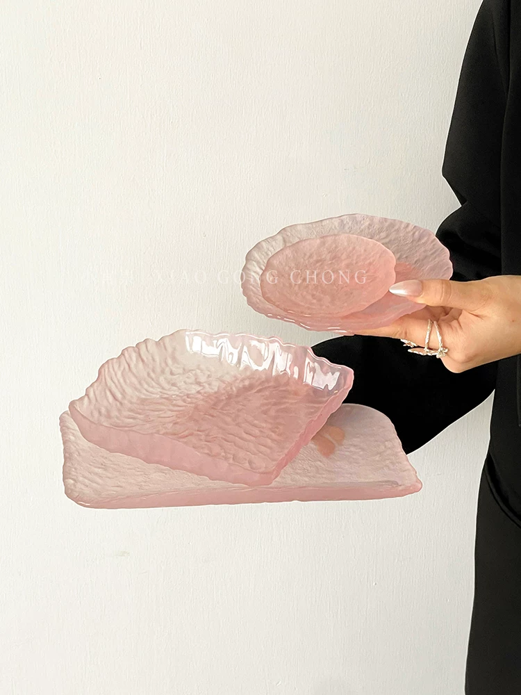 Đĩa thủy tinh màu hồng cao cấp, không đều hình dạng, dùng làm đĩa ăn vặt gia đình, đĩa trái cây, khay tráng miệng tròn, đồ dùng bàn ăn