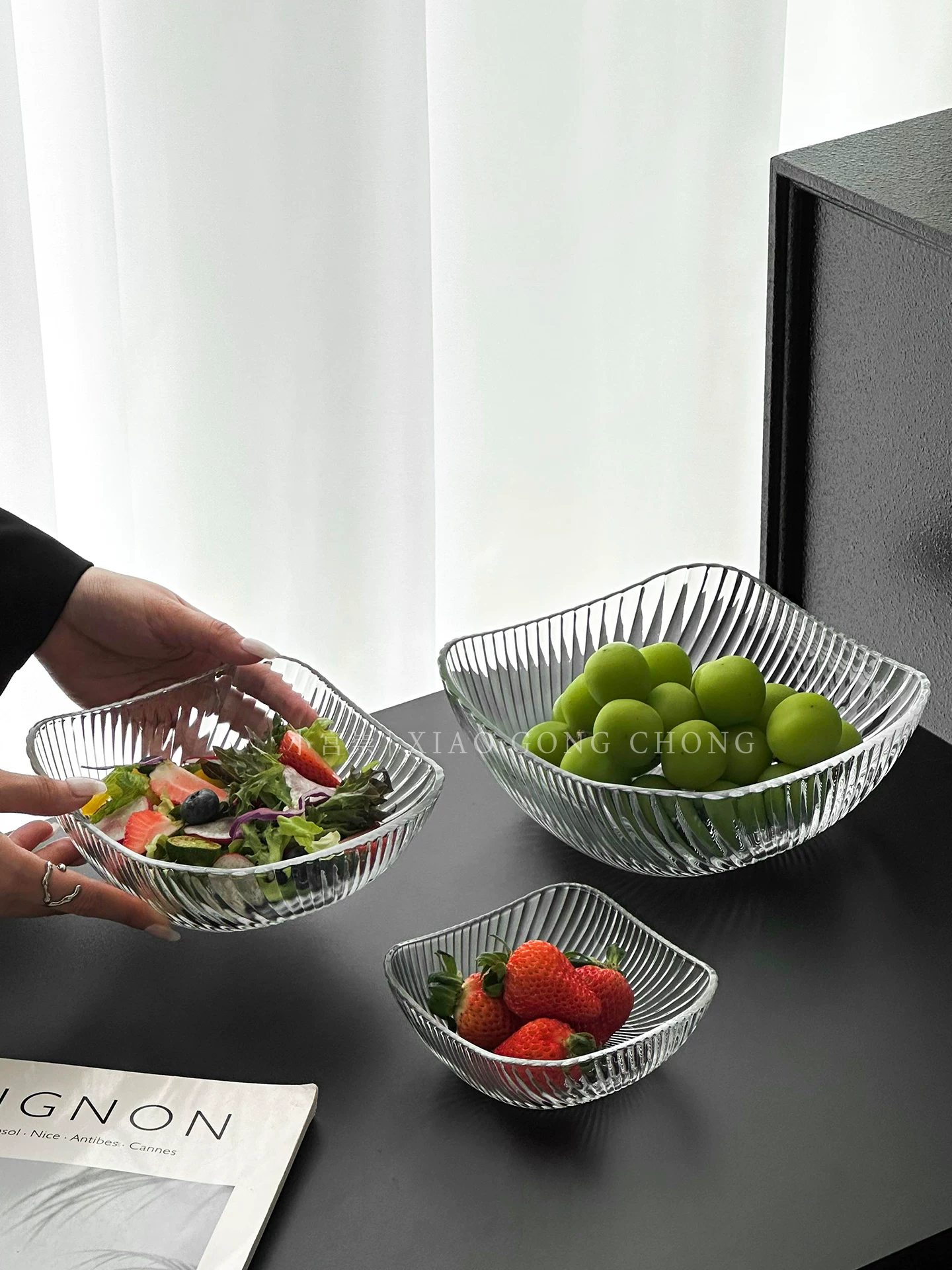 Bát salad sọc cao cấp, bát trái cây thủy tinh, đĩa trái cây phòng khách gia đình, đĩa ăn nhẹ cao cấp sang trọng, đĩa trái cây khô