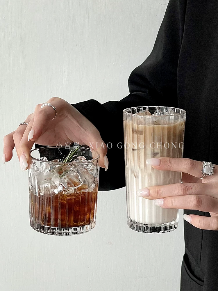 Ly thủy tinh cổ điển, ly cà phê đá kiểu Mỹ, ly latte đá sọc dọc phong cách ins, ly uống nước lạnh, ly sữa, ly nước ép