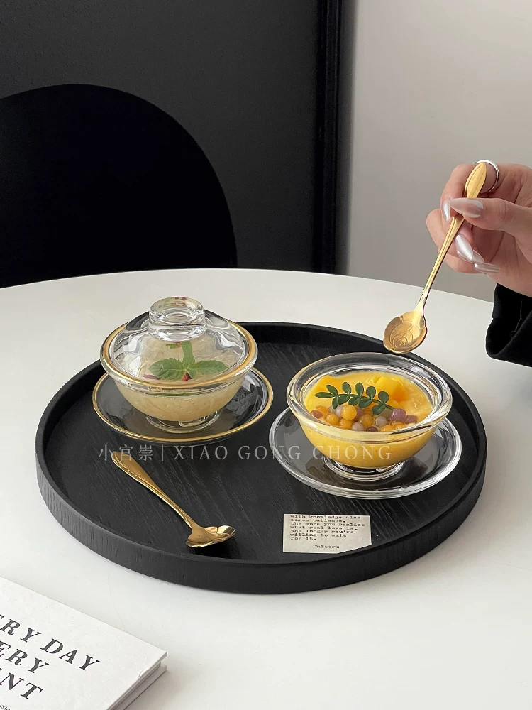 Bát tổ chim phong cách Ins có nắp, bát thủy tinh viền vàng, bộ bát đĩa kiểu Trung Hoa, bát đựng nước đường gia dụng, bộ đồ ăn