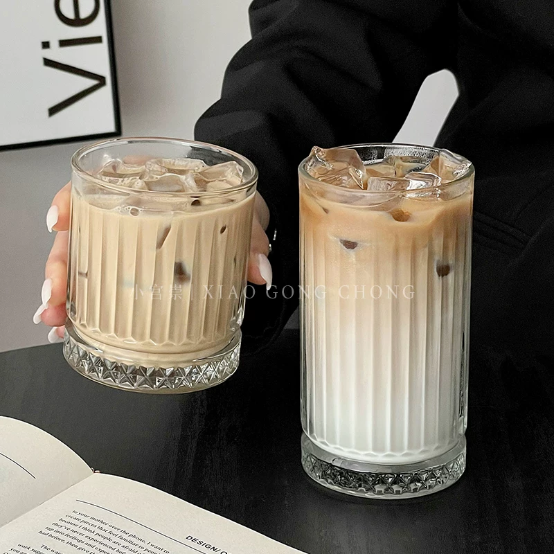 Ly cà phê đá kiểu Ins, ly thủy tinh sọc cổ điển dùng pha cà phê lạnh mocha, ly sữa, ly ăn sáng