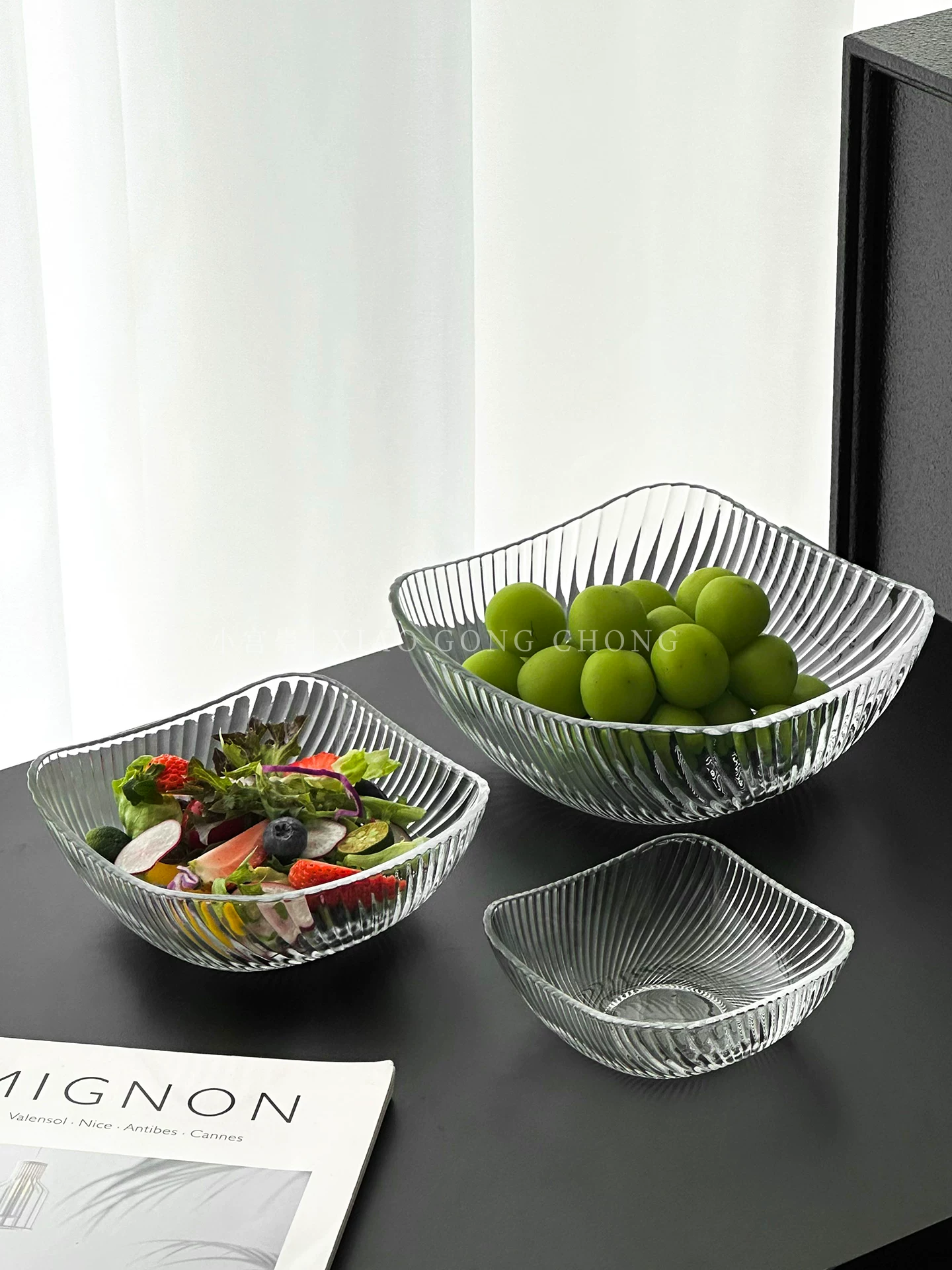 Bát salad sọc cao cấp, bát trái cây thủy tinh, đĩa trái cây phòng khách gia đình, đĩa ăn nhẹ cao cấp sang trọng, đĩa trái cây khô