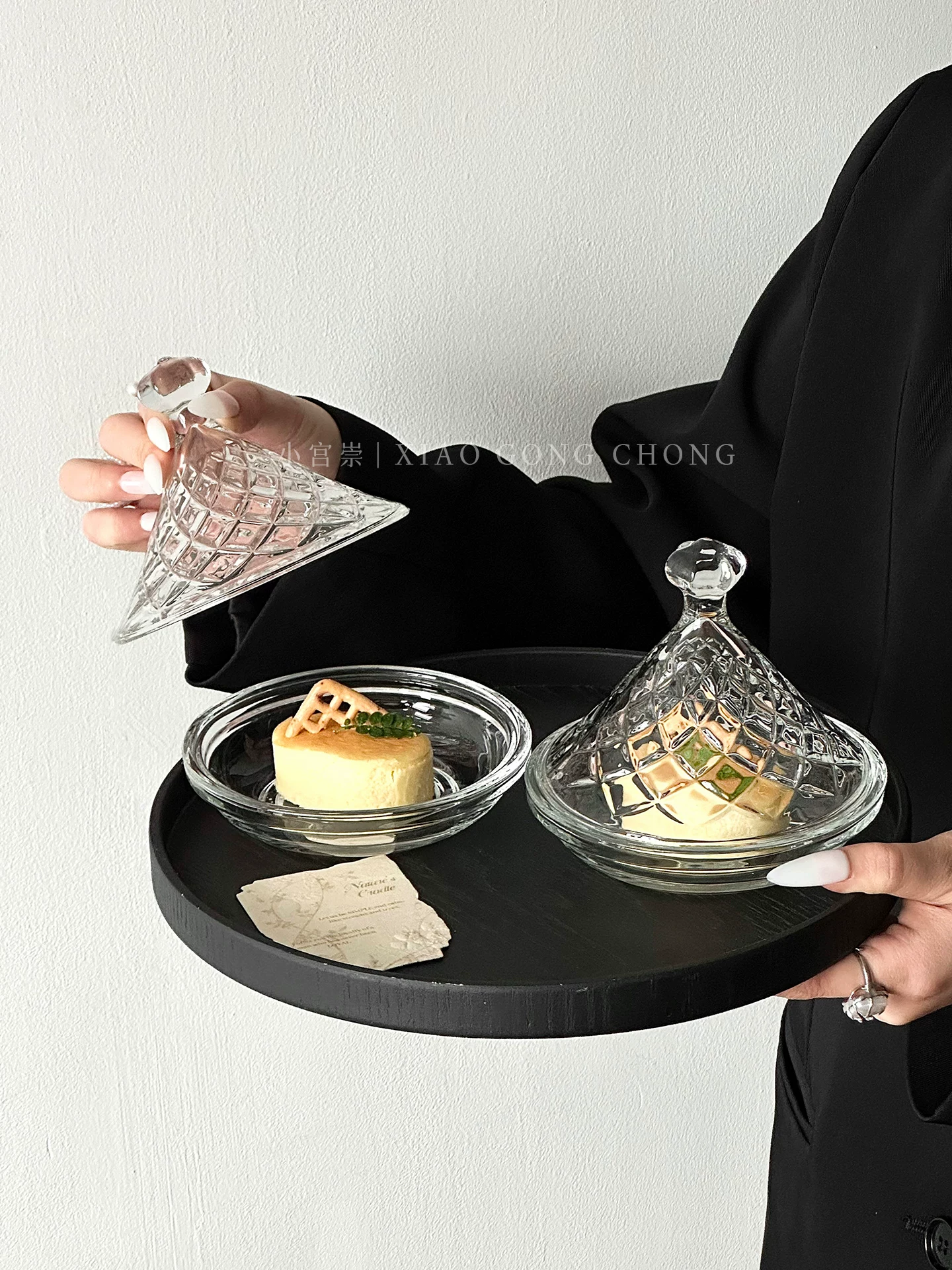 Đĩa tráng miệng thủy tinh sáng tạo có nắp, đĩa trưng bày bánh cao cấp, đĩa nếm bánh mì, bộ đĩa ăn nhẹ trà chiều