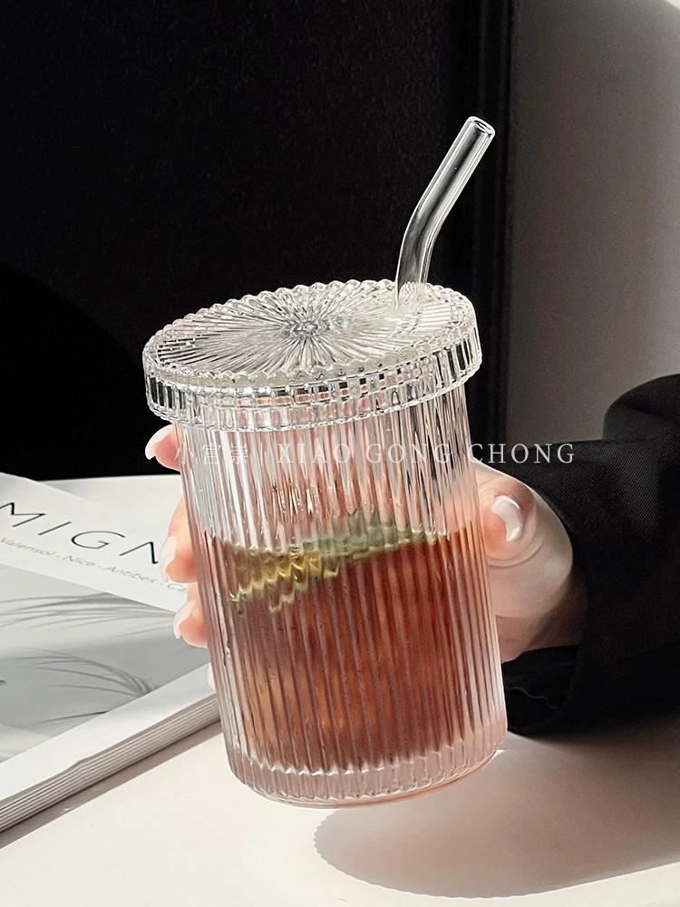 Ly thủy tinh sọc kiểu Ins có nắp và ống hút, ly nước đơn giản, ly gia dụng, ly uống nước, ly sữa, ly ăn sáng