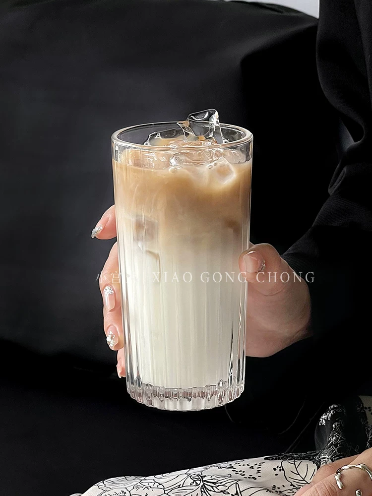 Ly thủy tinh sọc dọc kiểu Ins, ly cà phê đá Americano, ly nước uống lạnh, ly nước ép, ly nước uống trong suốt, ly gia dụng.