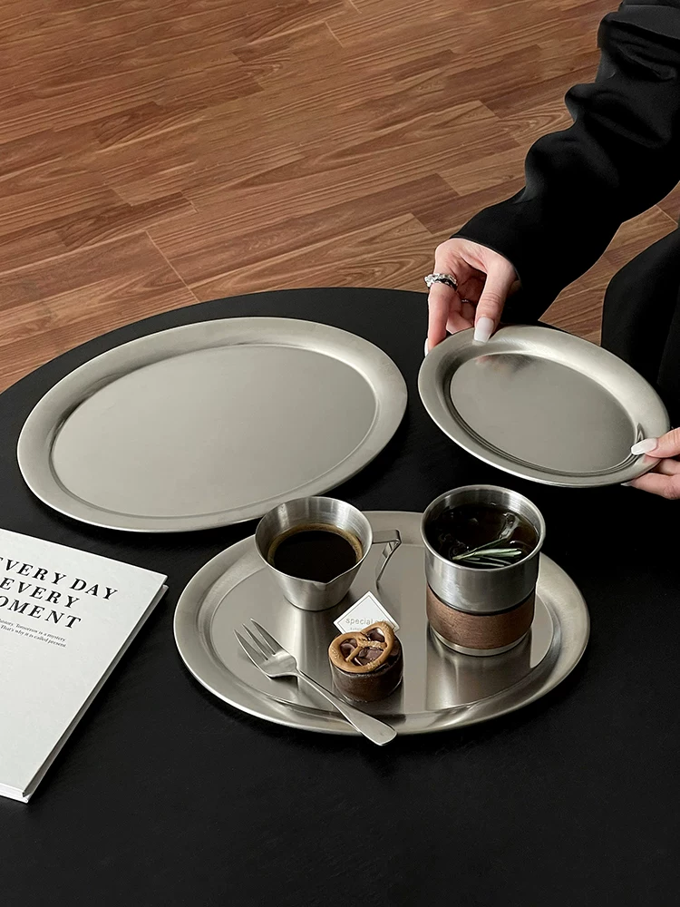 Đĩa ăn hình oval bằng thép không gỉ phong cách Ins, khay đựng đồ ăn sáng tạo phong cách công nghiệp, đĩa bánh ngọt dùng cho bữa trà chiều tại quán cà phê
