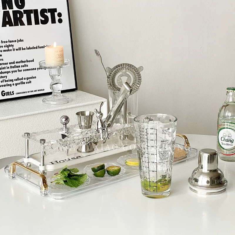 Bộ dụng cụ pha chế cocktail bằng thép không gỉ, ly pha chế bằng thủy tinh, dùng trong nhà, cao cấp, bộ đầy đủ, kèm giá để đồ, quay tay, pha trà chanh