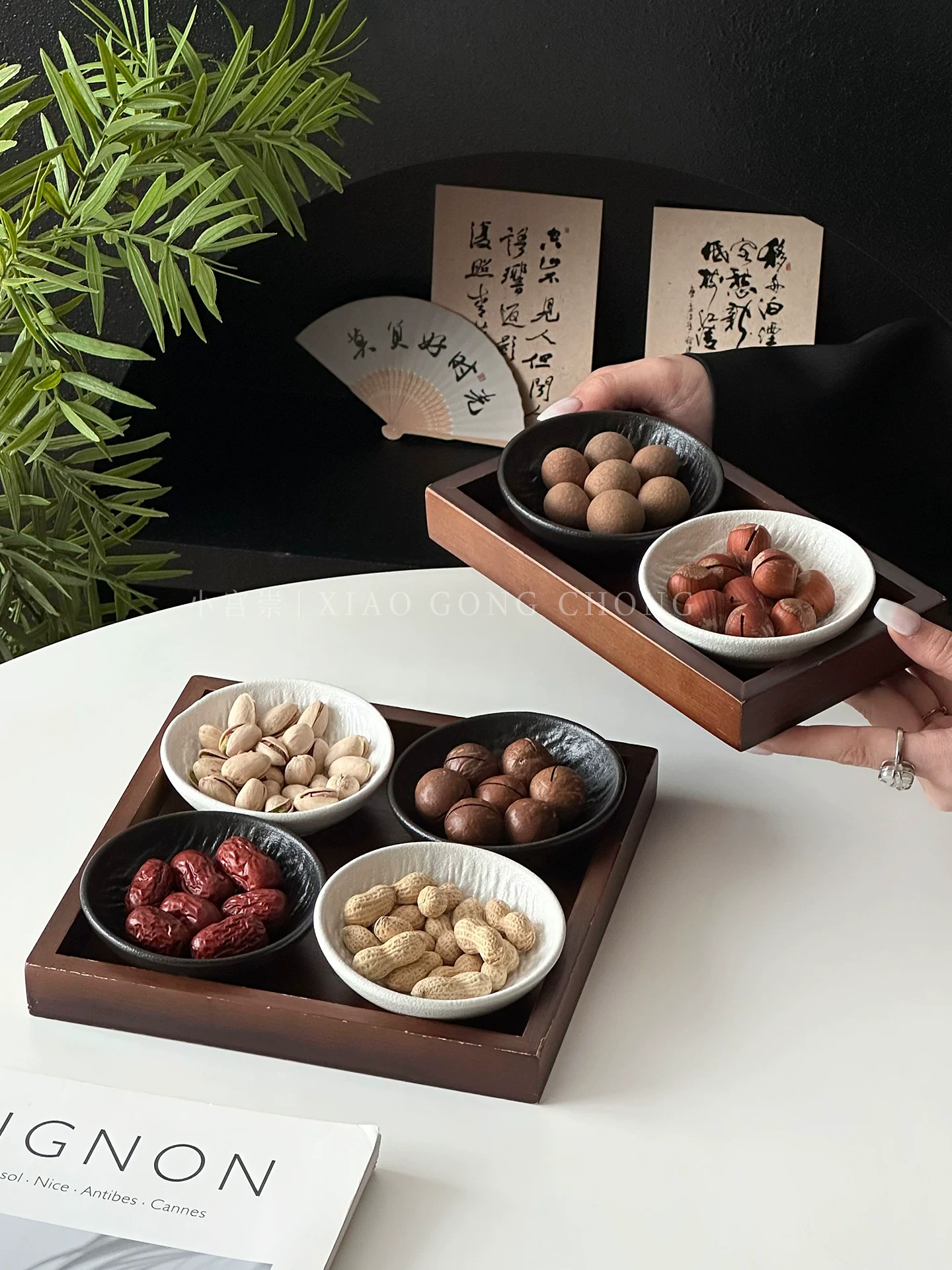 Khay trà chia ngăn bằng gốm sứ kiểu Trung Hoa, khay đựng trái cây khô cổ điển, khay đựng trái cây để pha trà quanh bếp, khay đựng đồ ăn nhẹ gia dụng