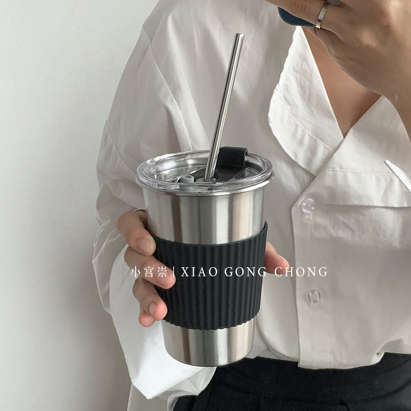 Cốc nước không gây tức giận, cốc inox 304 kiểu dáng ins có nắp, cốc có ống hút, cốc di động và tiện lợi, cốc cà phê du lịch chống rơi.