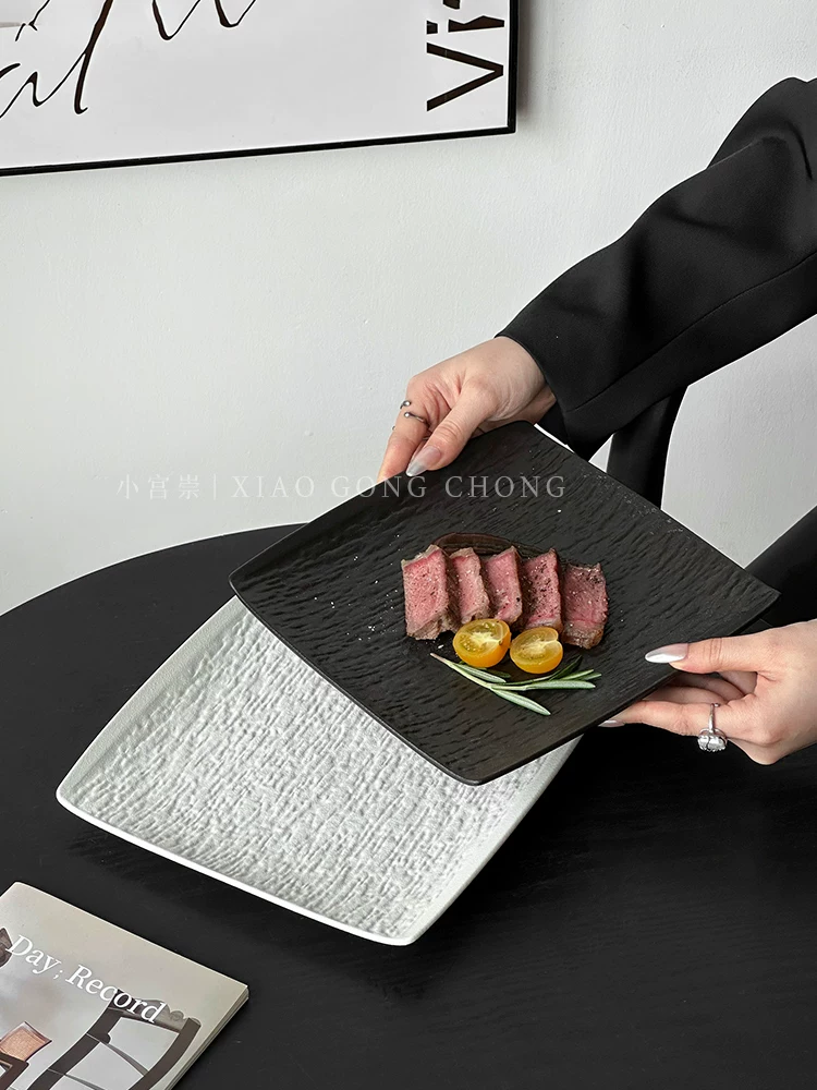 Đĩa ăn bằng gốm sứ, đĩa vuông kiểu phương Tây sang trọng cao cấp, đĩa đựng mì ống, đồ dùng gia đình, đĩa đựng món ăn nhà hàng