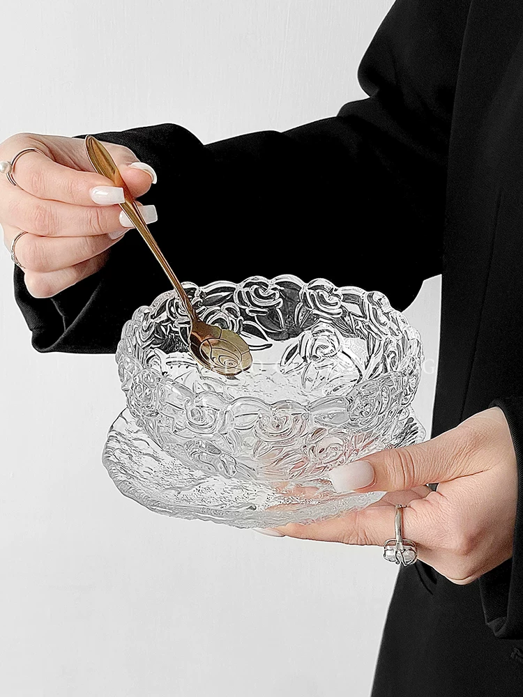 Miễn phí thìa* Bát tráng miệng trong suốt màu vàng hồng cao cấp, viền vàng, bát tổ chim, bát salad trái cây, bát sữa chua gia dụng