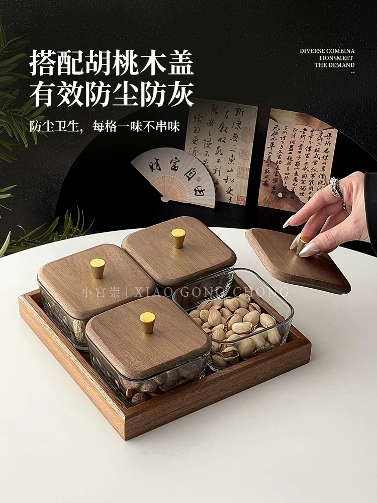 Đĩa đựng trái cây óc chó dùng trong gia đình, đĩa đựng trái cây sấy khô cao cấp nhẹ nhàng sang trọng có nắp kính, đĩa đựng đồ ăn nhẹ chia ngăn, đĩa đựng đồ.
