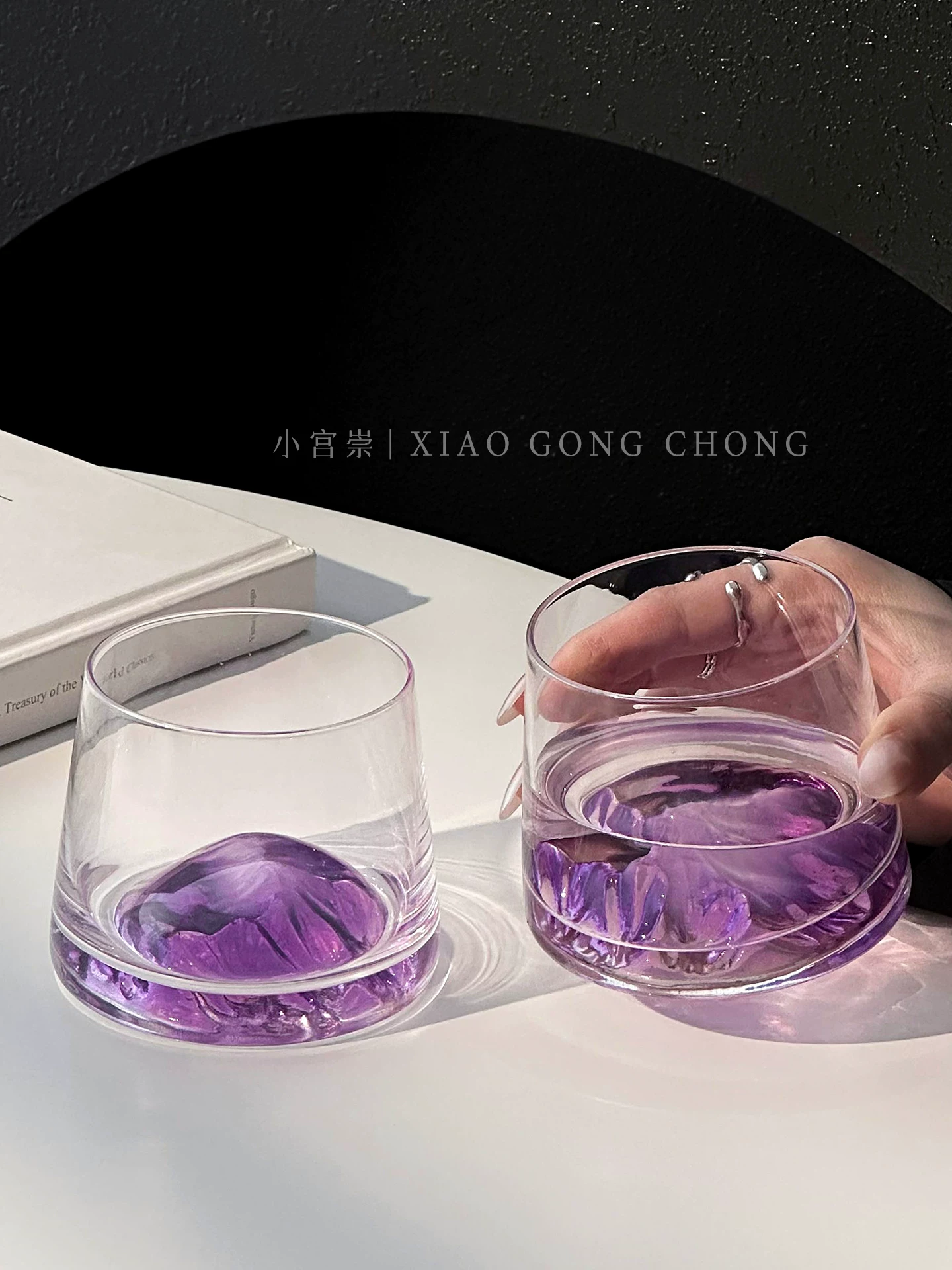 Ly núi Phú Sĩ màu tím cổ điển sáng tạo, ly thủy tinh cao cấp phong cách Instagram, ly rượu whisky, ly uống nước.