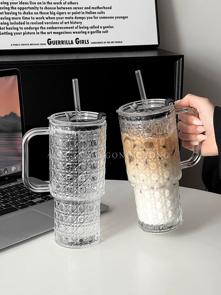 Cốc uống nước có dung tích lớn, cốc trà trái cây thủy tinh họa tiết kim cương sáng tạo, cốc latte đá kiểu ins, cốc nước ép, cốc nước uống lạnh