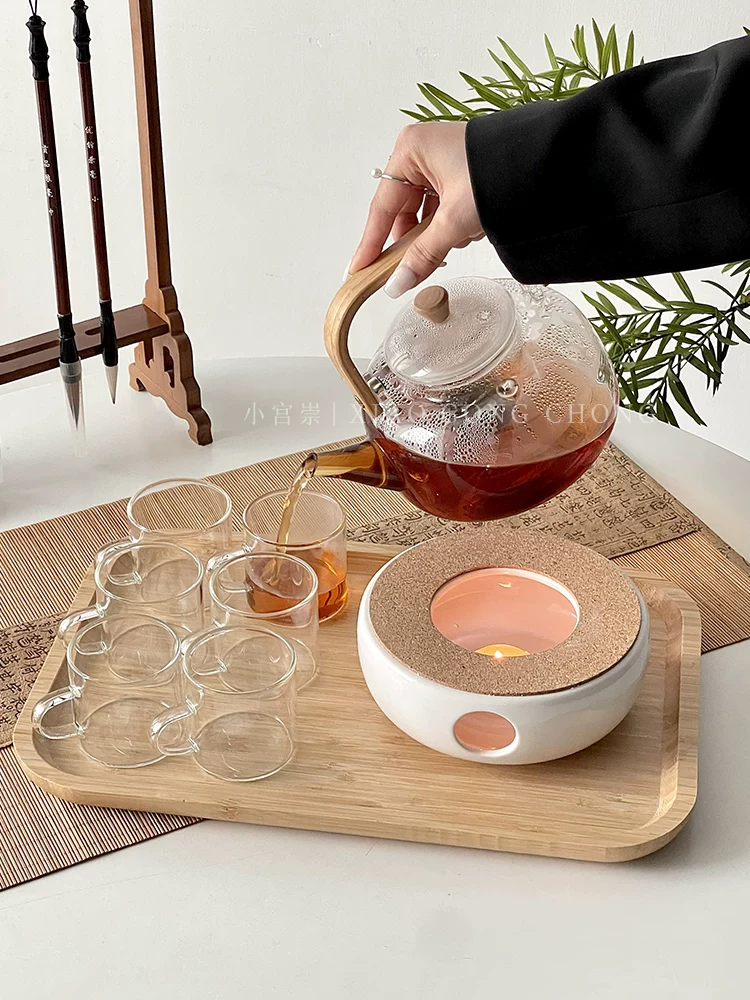 Ấm trà thủy tinh, ấm trà gia dụng chịu nhiệt cao kiểu Trung Quốc có tay cầm, bộ tách trà, bình giữ ấm trà, bộ trà hoa giữ sức khỏe, pha trà quanh bếp.