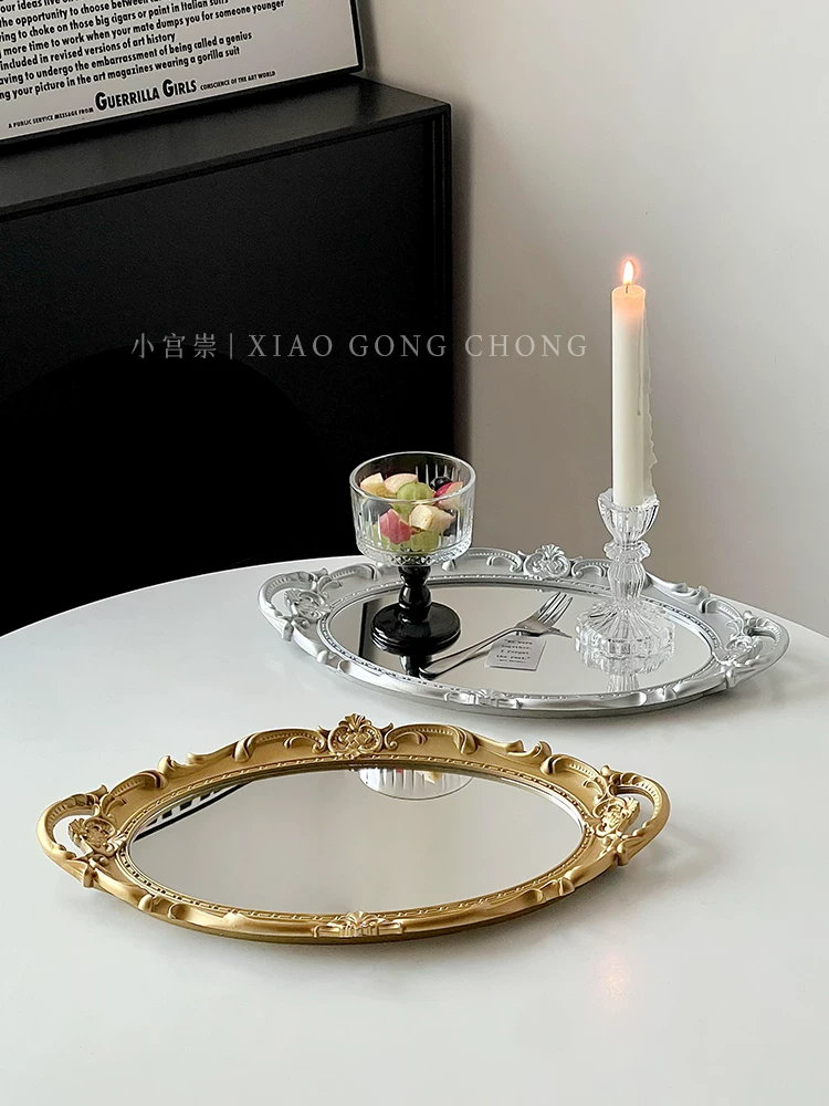 Khay gương cổ điển kiểu Pháp, đồ trang trí nhà cửa theo phong cách ins, vật trang trí bàn, đạo cụ chụp ảnh, khay trưng bày và đựng đồ trang sức.