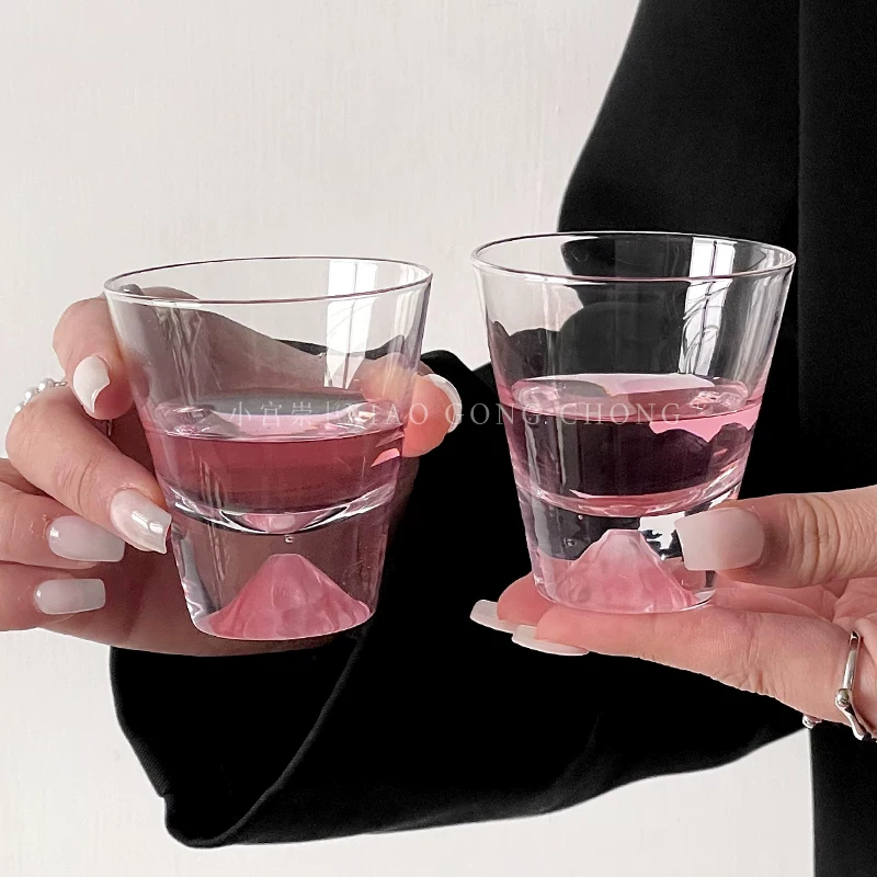 Cốc núi Phú Sĩ màu hồng, cốc trà gia đình nhỏ, cốc thủy tinh, cốc uống rượu đơn, cốc rượu trái cây, cốc rượu whisky thiết kế độc đáo.