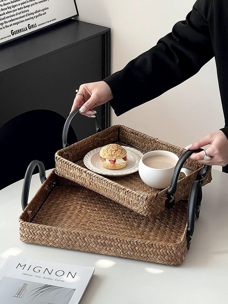 Khay mây kiểu Ins, khay đựng đồ ăn nhẹ, khay đựng đồ ăn gia đình, khay đựng đồ trên bàn ăn, giỏ trái cây, bánh ngọt, bánh mì, khay đựng món tráng miệng
