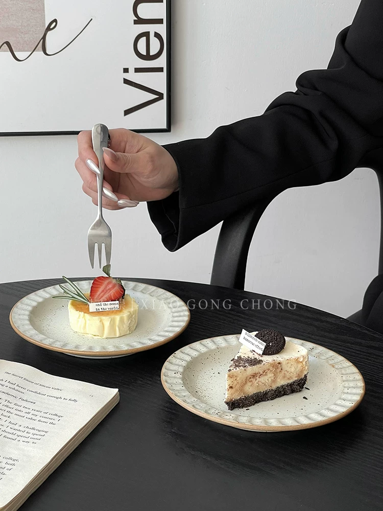 Đĩa nhỏ bằng gốm mộc mạc theo phong cách cổ điển Nhật Bản, đĩa bánh cao cấp dành cho quán cà phê, đĩa tráng miệng, đĩa ăn nhẹ cho bữa trà chiều, đĩa bánh ngọt