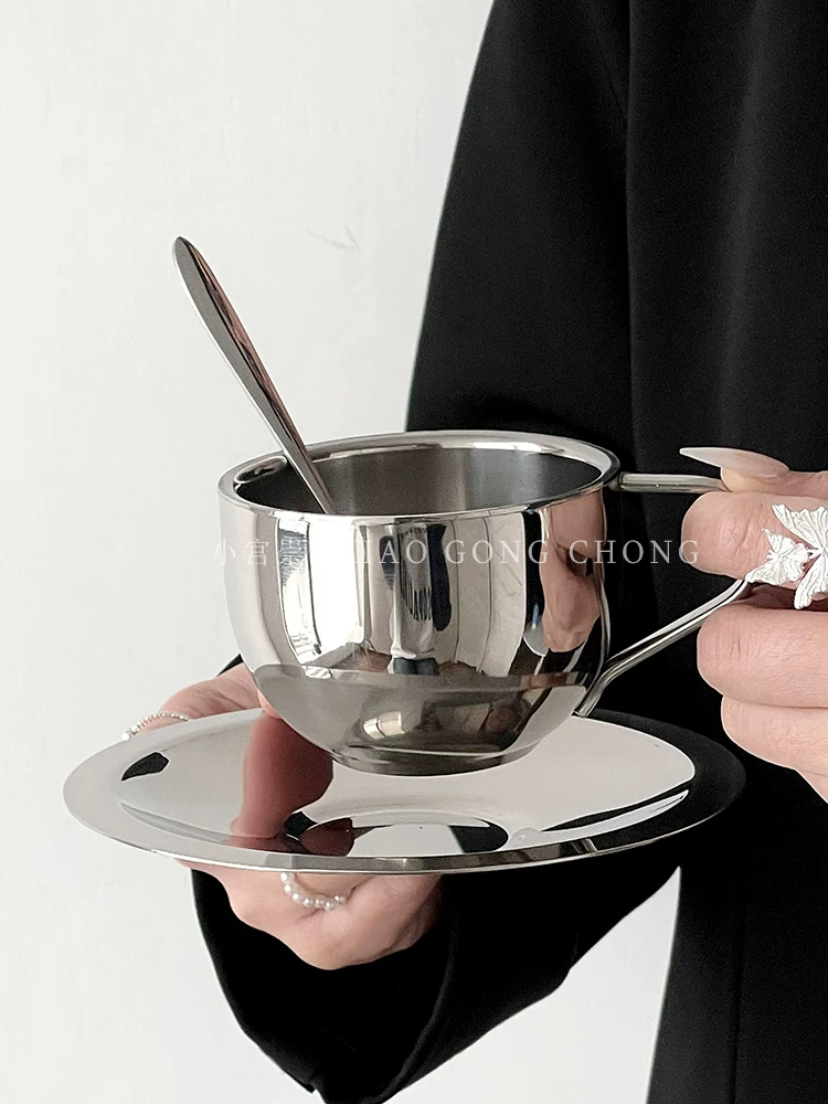 Bộ cốc và đĩa bằng thép không gỉ phong cách Instagram, cốc latte đá Mỹ, cốc nước gia dụng, cốc sữa uống trà chiều.
