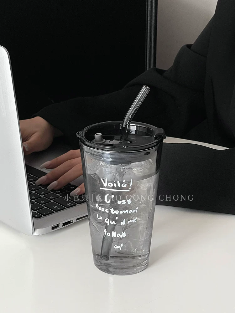Ly thủy tinh có nắp kiểu Pháp, phong cách người nổi tiếng mạng xã hội, thích hợp cho mùa hè, dành cho nữ, dùng được cho cà phê, trà sữa và đồ uống lạnh.