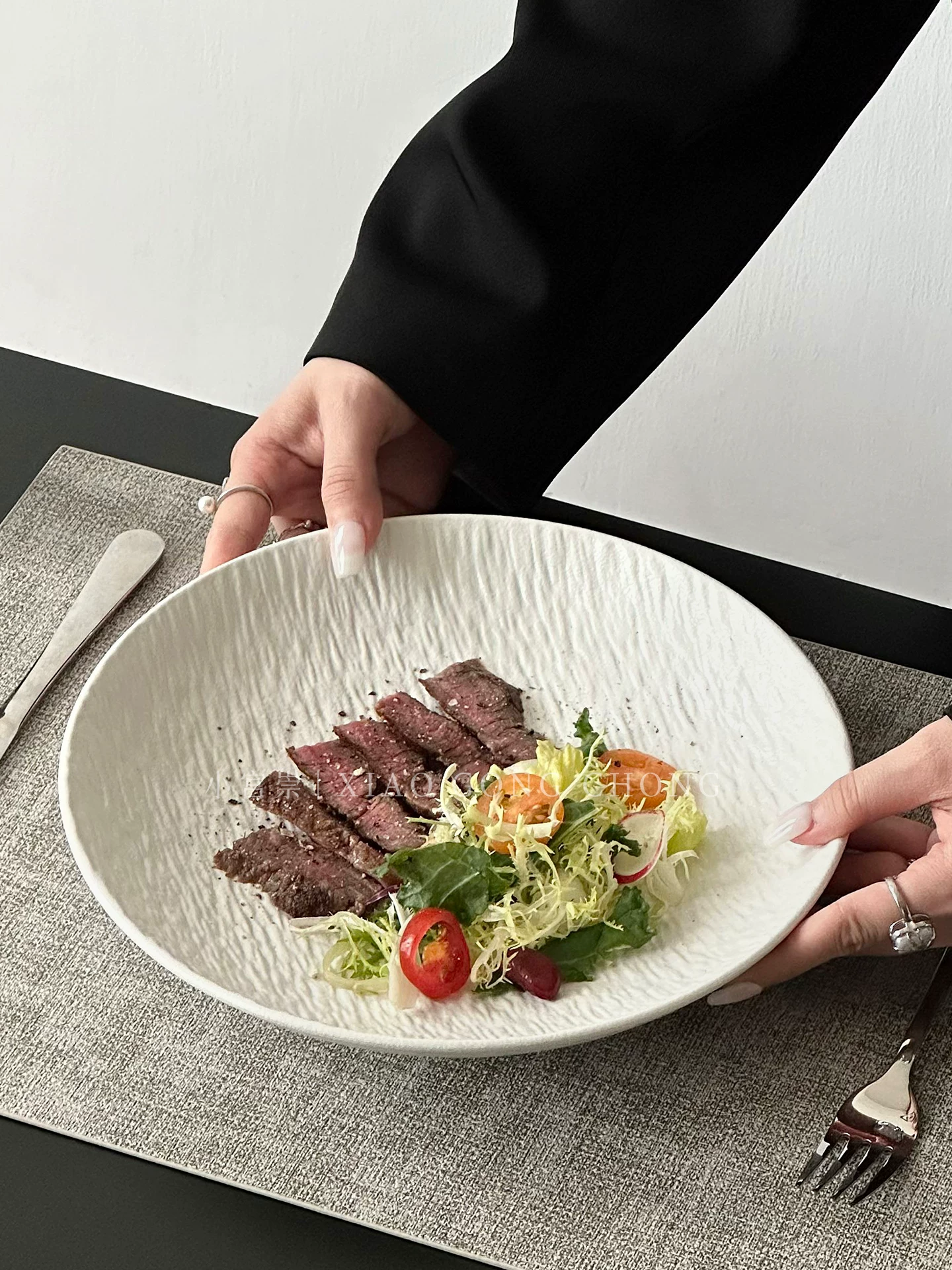 Đĩa sâu bằng gốm có họa tiết đá, đĩa ăn bít tết gia dụng sang trọng nhẹ nhàng, đĩa mì ống, đĩa ăn món Âu cao cấp, đĩa salad rau củ, đĩa ăn