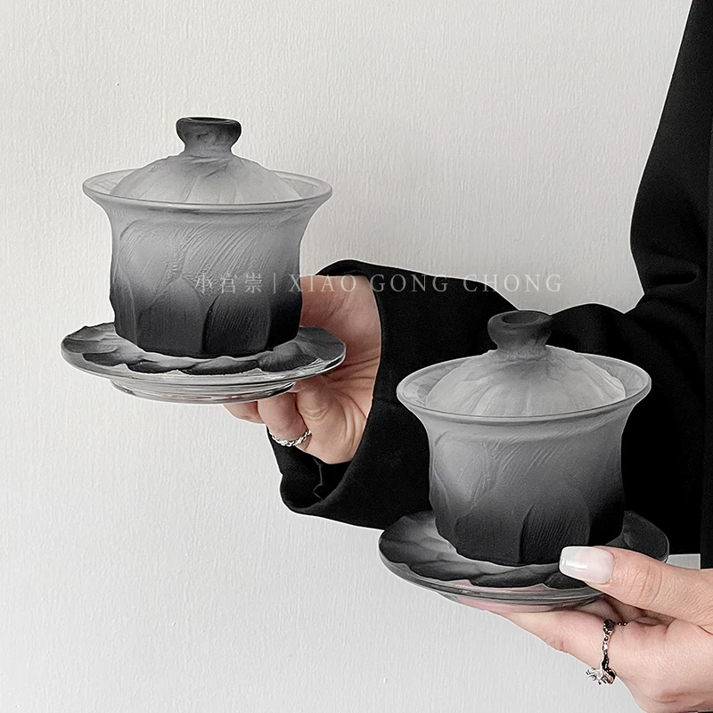 Bộ Gaiwan thủy tinh màu đen gradient cổ điển, phong cách cao cấp độc đáo, bộ trà gia dụng, tách trà Kung Fu phong cách Trung Hoa mới.